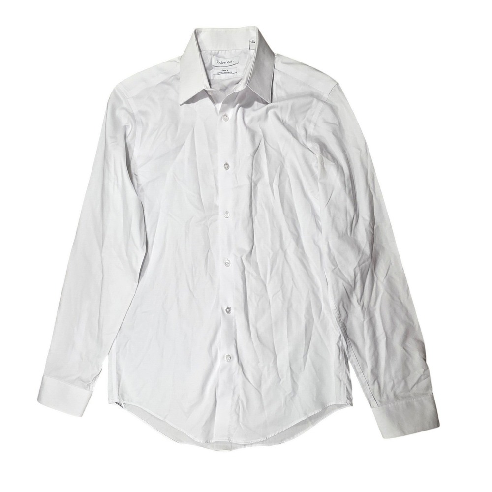Calvin Klein Steel+ Mens 14.5 32/33 White Herringbone Slim Fit Dress Shirt